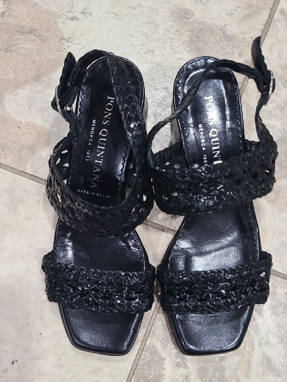 Pons Quintana Black Braided Leather Sandals with Ankle Strap